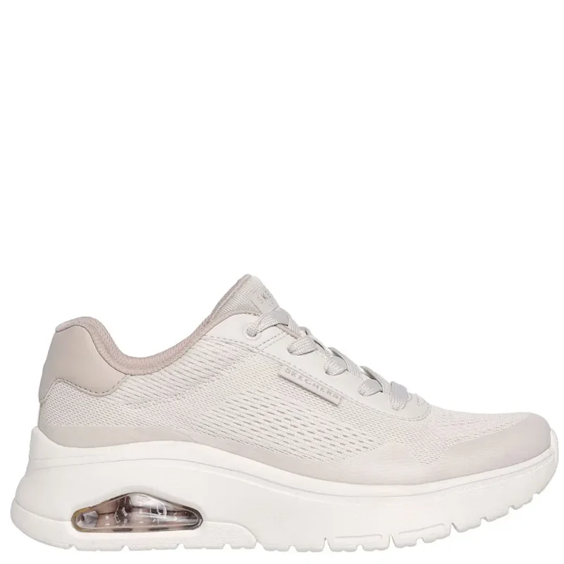 Skechers Uno Flex - Spring On Air Γυναικεία Sneakers Μπεζ | Πλάγια Όψη Πλάγια όψη που αναδεικνύει την κομψή γραμμή και την αερόσολα στα μπεζ γυναικεία sneakers Skechers Uno Flex 177794.