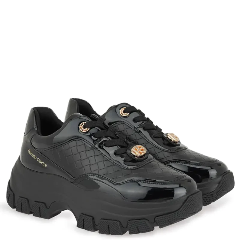 Γυναικεία sneakers Renato Garini X119R502367H Μαύρο Βερνί Πλεκτό — πλήρης όψη ζευγαριού